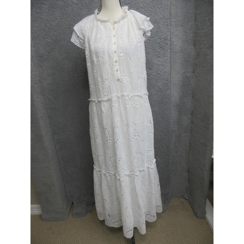 Chicos Eyelet Tiered Maxi Dress‎ Women 4 White Lace Flutter Sleeve Boho Cottage